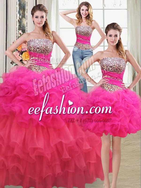  Three Piece Multi-color Sleeveless Beading and Ruffles and Ruffled Layers and Sequins Floor Length Quinceanera Dress