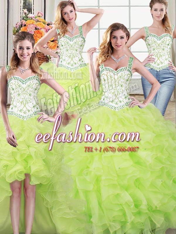 Cheap Four Piece Straps Floor Length Ball Gowns Sleeveless Yellow Green Ball Gown Prom Dress Lace Up