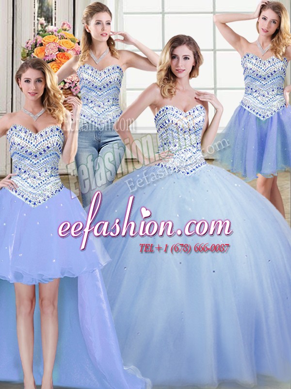 Suitable Four Piece Sleeveless Floor Length Beading Lace Up 15 Quinceanera Dress with Light Blue