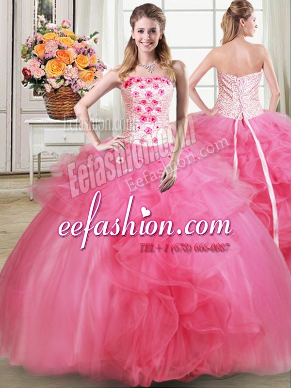  Hot Pink Sleeveless Beading and Appliques and Ruffles Floor Length Sweet 16 Quinceanera Dress