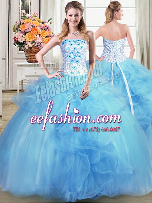  Strapless Sleeveless Lace Up Quinceanera Gowns Light Blue Tulle