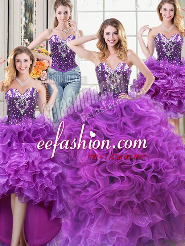 New Arrival Four Piece Eggplant Purple Organza Lace Up Vestidos de Quinceanera Sleeveless Floor Length Beading and Ruffles