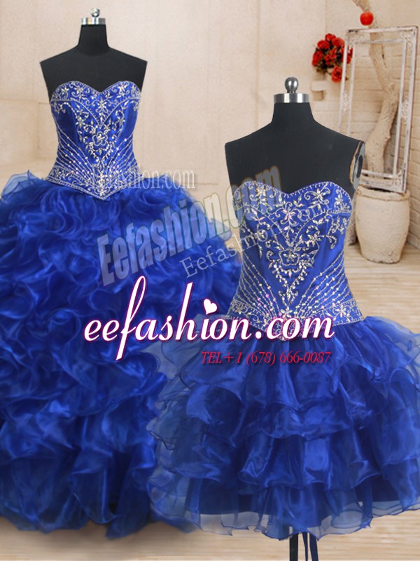 Custom Design Three Piece With Train Lace Up Sweet 16 Quinceanera Dress Royal Blue for Military Ball and Sweet 16 and Quinceanera with Beading and Ruffles Brush Train