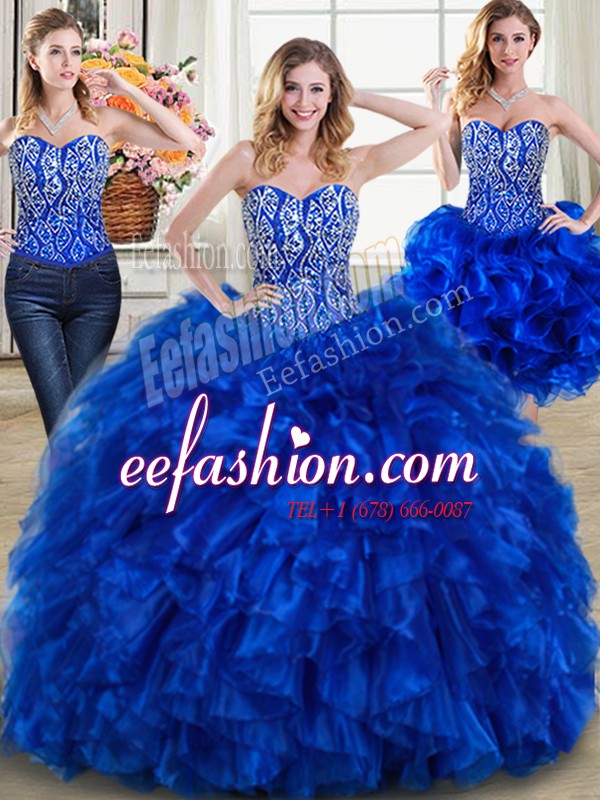 Vintage Three Piece Royal Blue Lace Up Sweetheart Beading and Ruffles Quince Ball Gowns Organza Sleeveless Brush Train