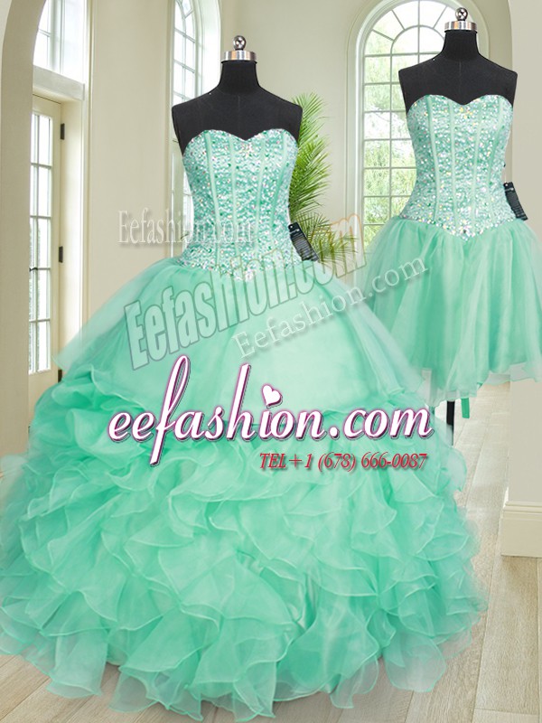  Three Piece Sleeveless Floor Length Beading and Ruffles Lace Up 15th Birthday Dress with Turquoise