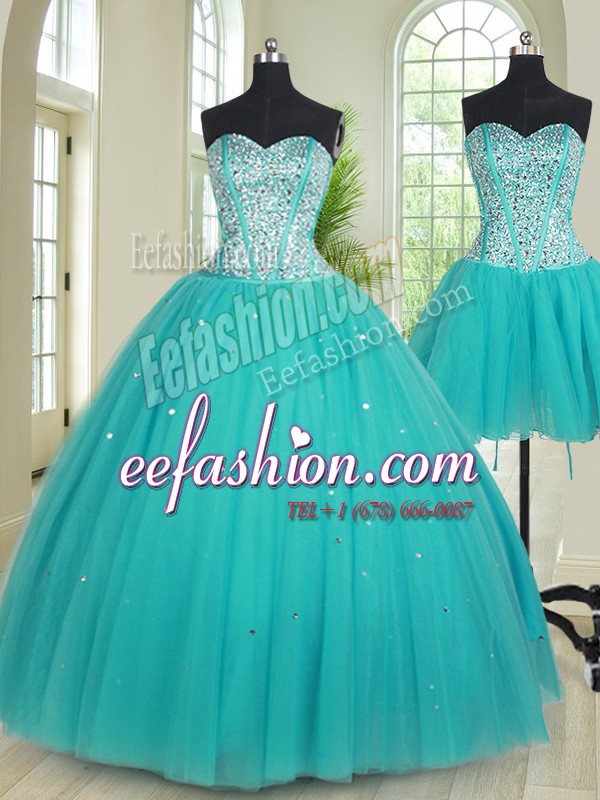  Three Piece Sweetheart Sleeveless Lace Up Sweet 16 Quinceanera Dress Aqua Blue Tulle