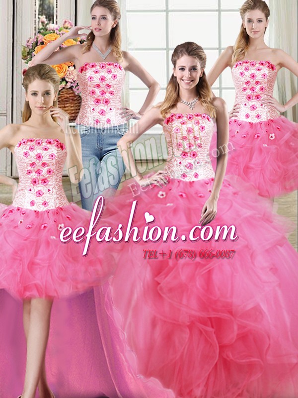 Exquisite Four Piece Hot Pink Ball Gowns Beading and Appliques and Ruffles Vestidos de Quinceanera Lace Up Tulle Sleeveless Floor Length