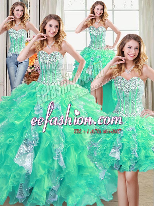 Designer Four Piece Beading and Ruffles and Sequins Sweet 16 Dress Turquoise Lace Up Sleeveless Floor Length