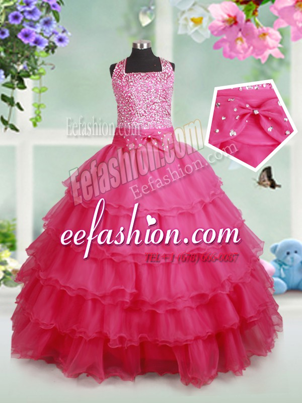  Ruffled Ball Gowns Little Girls Pageant Dress Hot Pink Halter Top Organza Sleeveless Floor Length Zipper