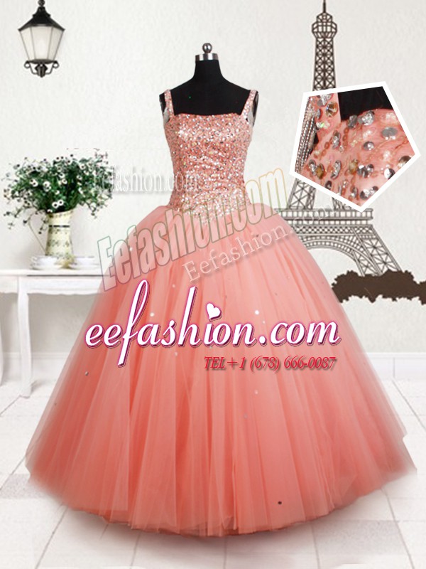Custom Made Straps Sleeveless Lace Up Little Girl Pageant Gowns Peach Tulle