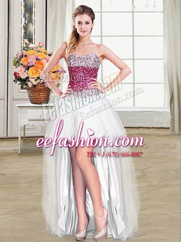 Comfortable Beading Prom Dresses White Lace Up Sleeveless High Low