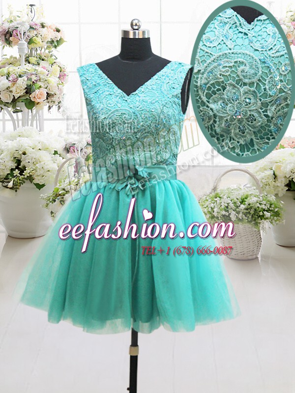 Decent Sleeveless Mini Length Beading and Lace and Belt and Hand Made Flower Lace Up with Turquoise