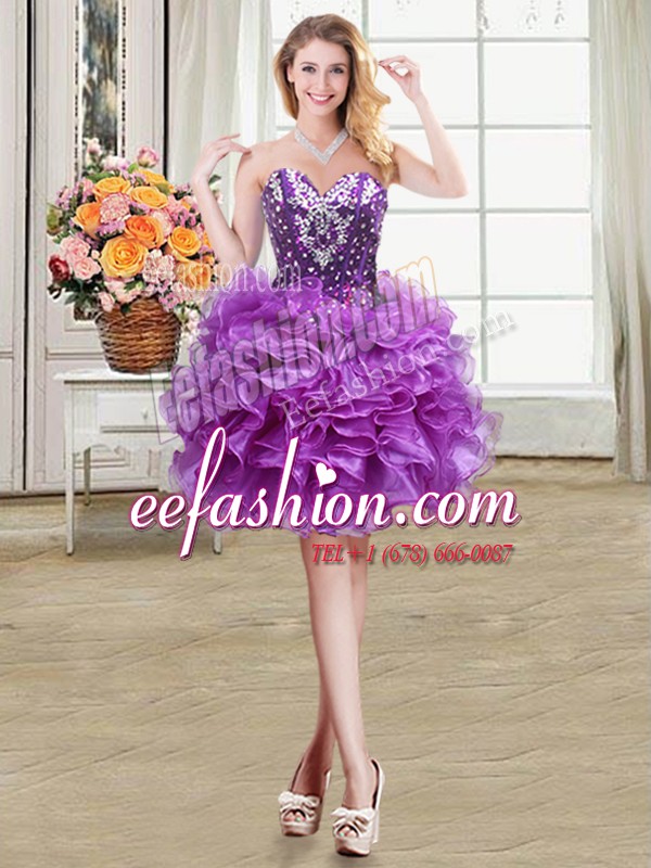 Luxurious Eggplant Purple Celebrity Prom Dress Prom and Party and For with Beading and Ruffles Sweetheart Sleeveless Lace Up