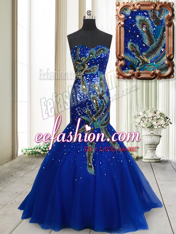 Fantastic Mermaid Sleeveless Beading and Appliques and Sequins Lace Up Prom Gown with Blue Brush Train