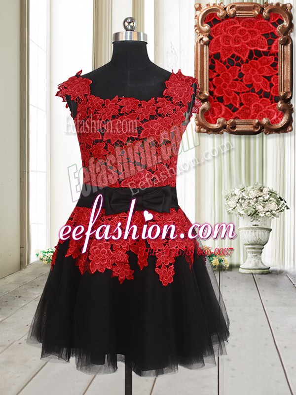 Fitting Tulle Square Sleeveless Zipper Appliques Homecoming Dress in Red And Black