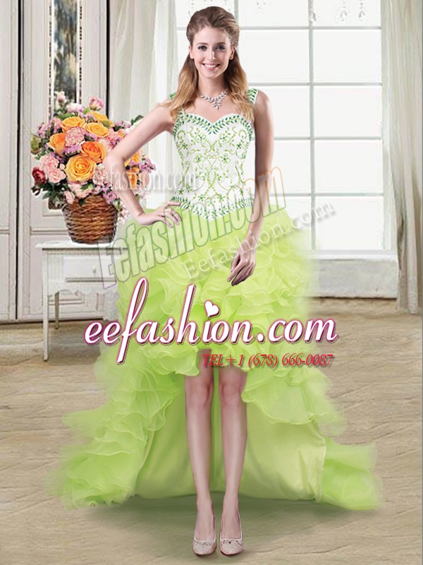  Straps High Low Lace Up Prom Gown Yellow Green for Prom and Party with Beading and Ruffles