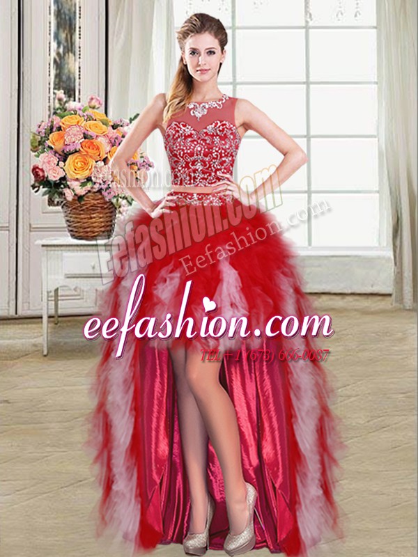 Fine Scoop Red Sleeveless Beading and Ruffles High Low Prom Dresses