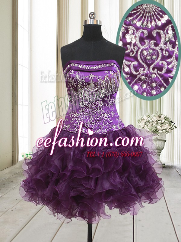 New Style Dark Purple Lace Up Celeb Inspired Gowns Beading and Ruffles Sleeveless Mini Length
