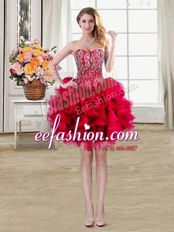 Ideal Mini Length Lace Up Juniors Evening Dress Red for Prom and Party with Beading and Ruffles