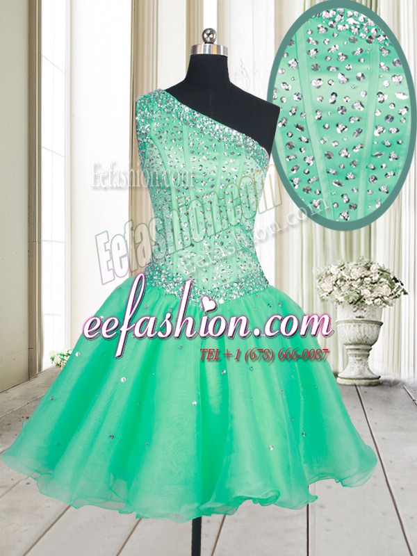  One Shoulder Turquoise Lace Up Prom Dresses Beading Sleeveless Mini Length