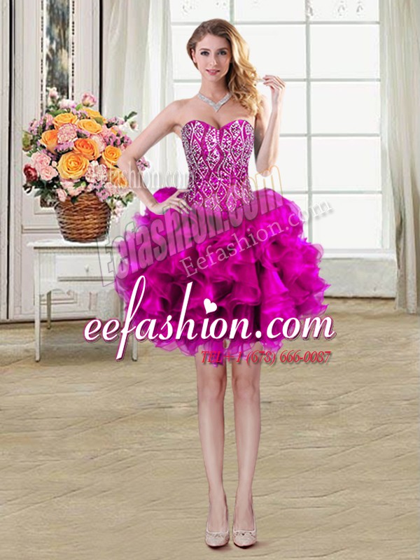 Exceptional Sleeveless Organza Mini Length Lace Up Prom Dress in Fuchsia with Beading and Ruffles