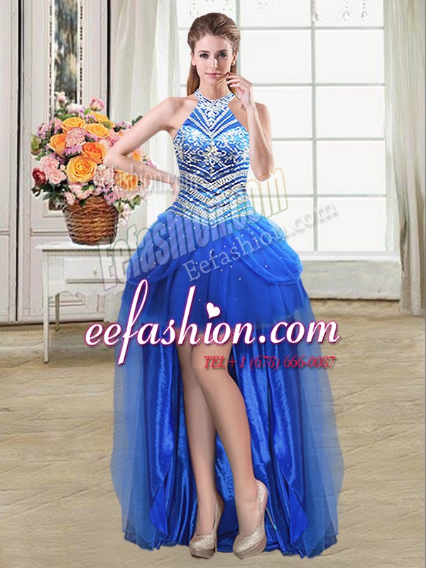  Tulle Halter Top Sleeveless Lace Up Beading and Pick Ups Homecoming Dress in Royal Blue
