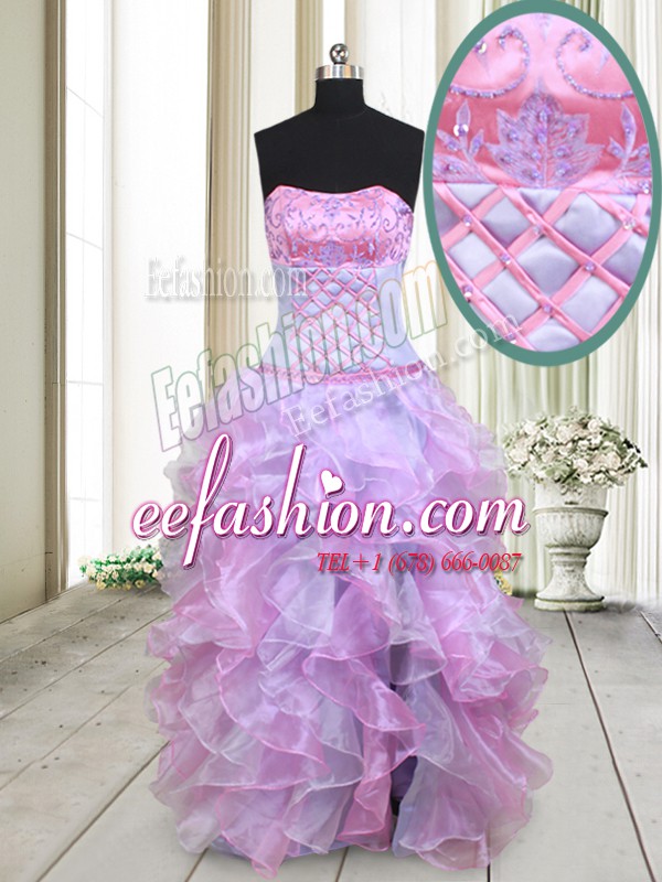 Admirable Multi-color Empire Organza Strapless Sleeveless Beading and Ruffles Floor Length Lace Up Homecoming Dress