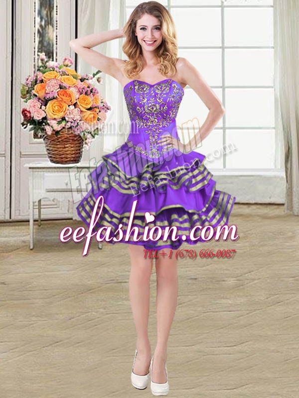 Free and Easy Mini Length Eggplant Purple Dress for Prom Taffeta Sleeveless Beading and Embroidery and Ruffled Layers