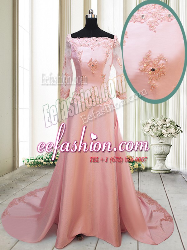Wonderful Peach A-line Square Long Sleeves Satin With Brush Train Zipper Beading and Appliques Mother Of The Bride Dress