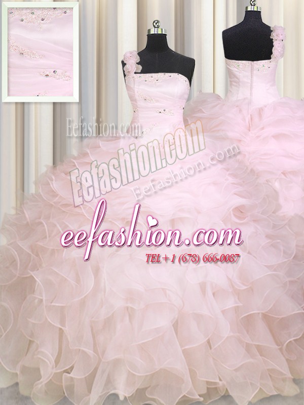 Top Selling One Shoulder Sleeveless Zipper Floor Length Beading and Ruffles Quinceanera Gown
