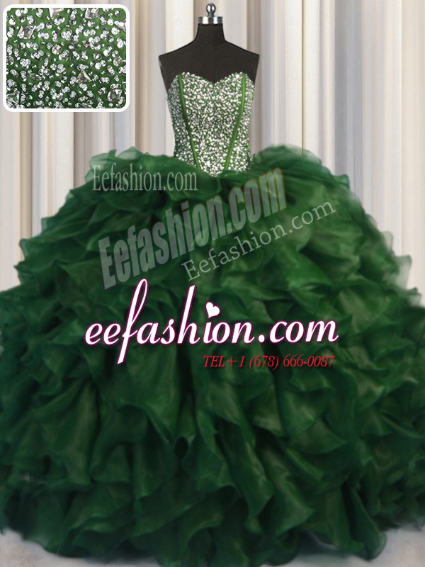 Glamorous Visible Boning Bling-bling With Train Green Quince Ball Gowns Organza Brush Train Sleeveless Beading