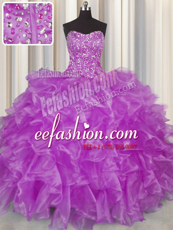 Visible Boning Sleeveless Lace Up Floor Length Beading and Ruffles Quinceanera Dresses