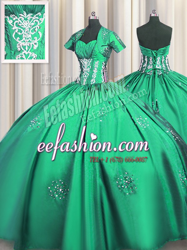 Sexy Turquoise Taffeta Lace Up Sweetheart Short Sleeves Floor Length 15th Birthday Dress Beading and Appliques and Ruching