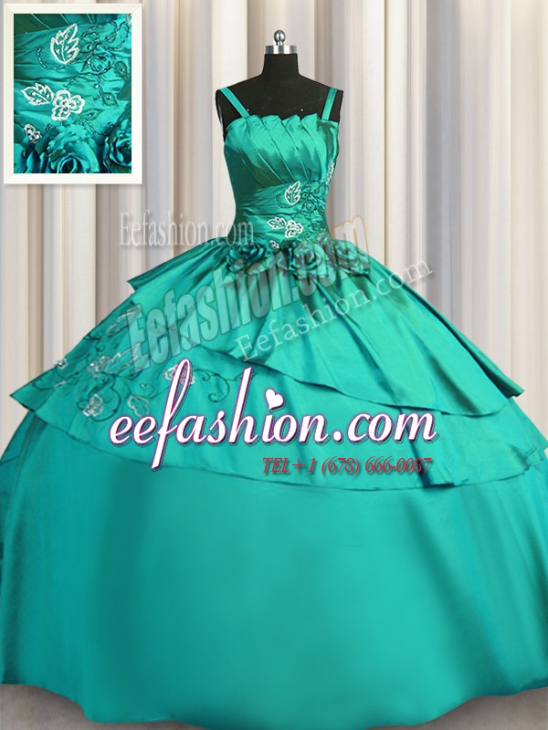 Dramatic Turquoise Spaghetti Straps Lace Up Beading and Embroidery Quinceanera Dresses Sleeveless