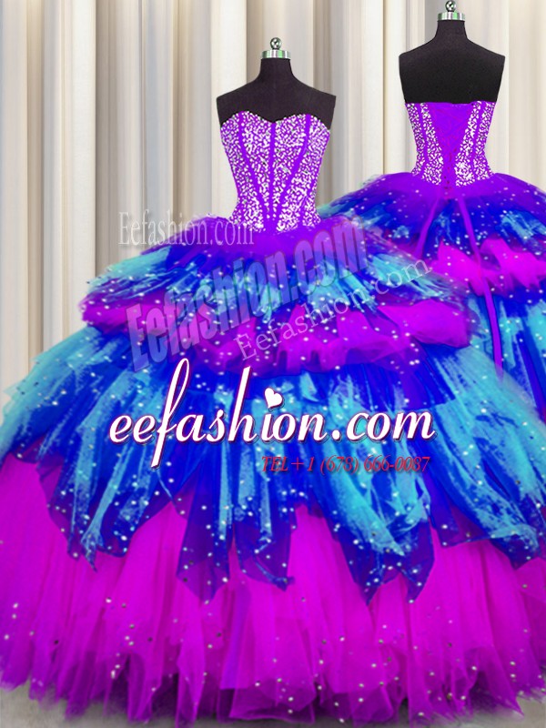 Bling-bling Visible Boning Multi-color Ball Gowns Sweetheart Sleeveless Tulle Floor Length Lace Up Beading and Ruffles and Ruffled Layers and Sequins Sweet 16 Quinceanera Dress