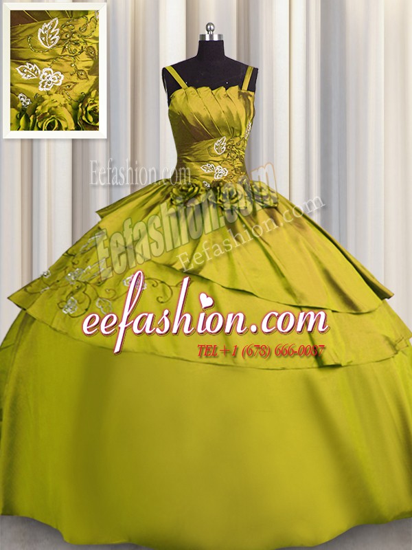 Olive Green Lace Up Ball Gown Prom Dress Beading and Embroidery Sleeveless Floor Length