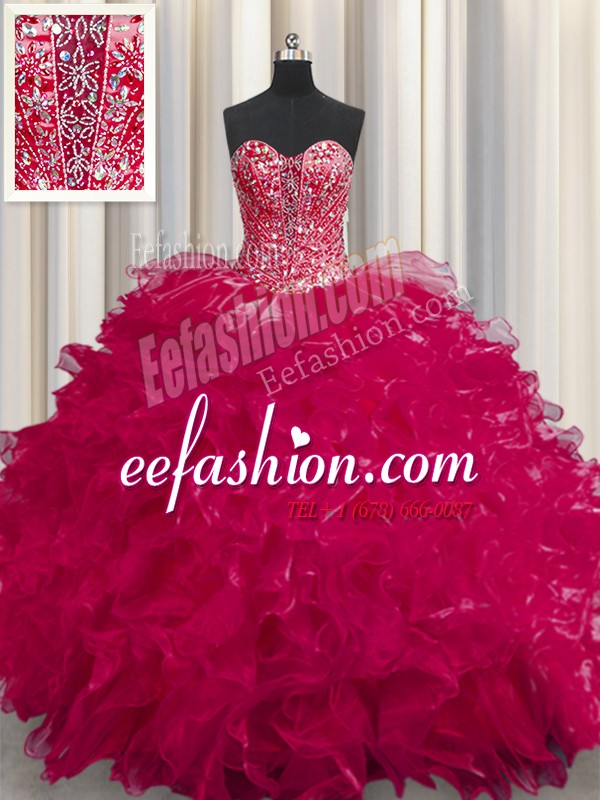 Graceful See Through Floor Length Coral Red Quinceanera Dresses Sweetheart Sleeveless Lace Up