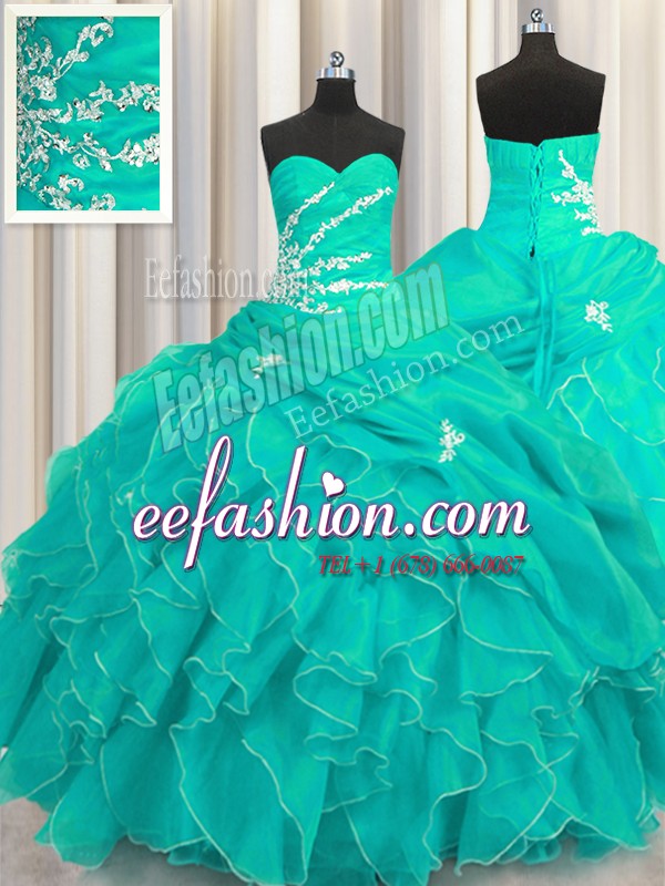 Customized Organza Sweetheart Sleeveless Lace Up Beading and Appliques and Ruffles 15 Quinceanera Dress in Turquoise