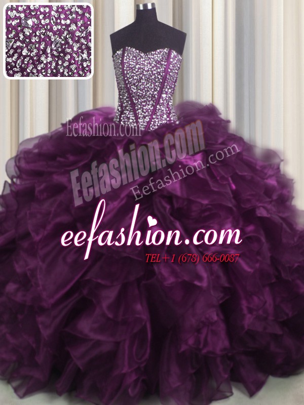  Visible Boning Brush Train Dark Purple Sleeveless With Train Beading and Ruffles Lace Up 15 Quinceanera Dress