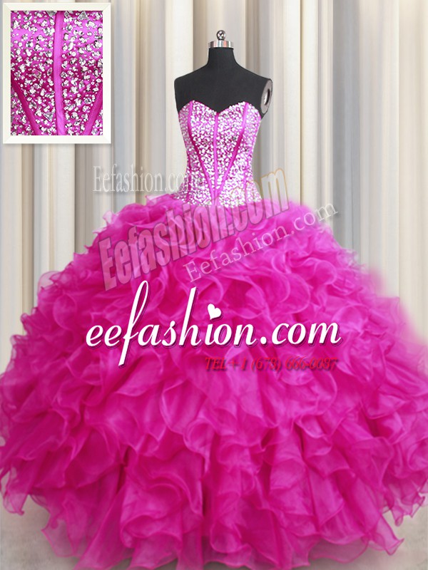 Flare Visible Boning Bling-bling Sleeveless Lace Up Floor Length Beading and Ruffles Quinceanera Dress