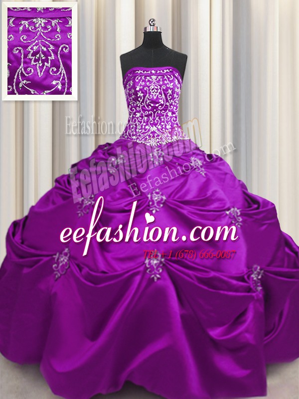 Stylish Embroidery Floor Length Ball Gowns Sleeveless Eggplant Purple Sweet 16 Dresses Lace Up