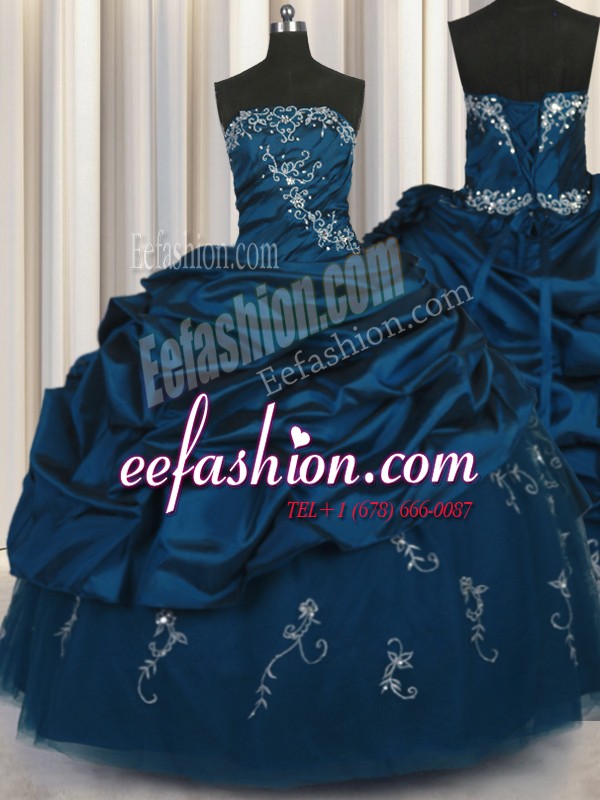  Sleeveless Floor Length Beading and Appliques and Embroidery and Pick Ups Lace Up Vestidos de Quinceanera with Teal