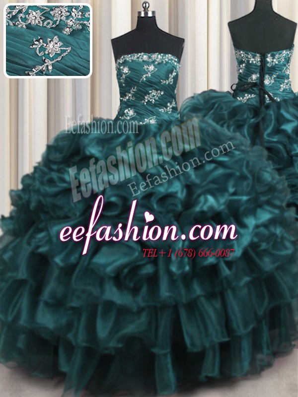  Floor Length Navy Blue Quinceanera Gowns Organza Sleeveless Appliques and Ruffles and Ruffled Layers