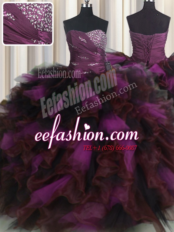 Designer Organza and Tulle Sweetheart Sleeveless Lace Up Beading and Ruffles and Ruffled Layers Quinceanera Gown in Multi-color