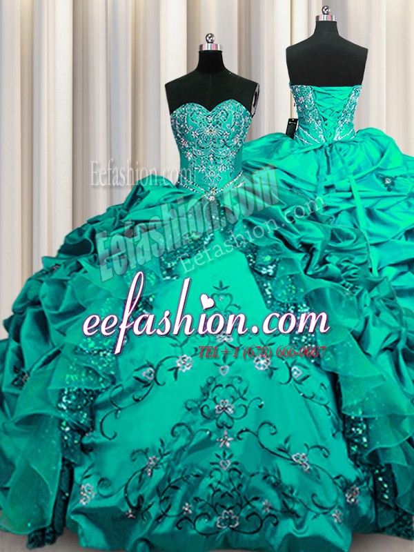 Custom Designed Sequins Taffeta Sleeveless Floor Length Quince Ball Gowns and Beading and Embroidery and Ruffles and Pick Ups