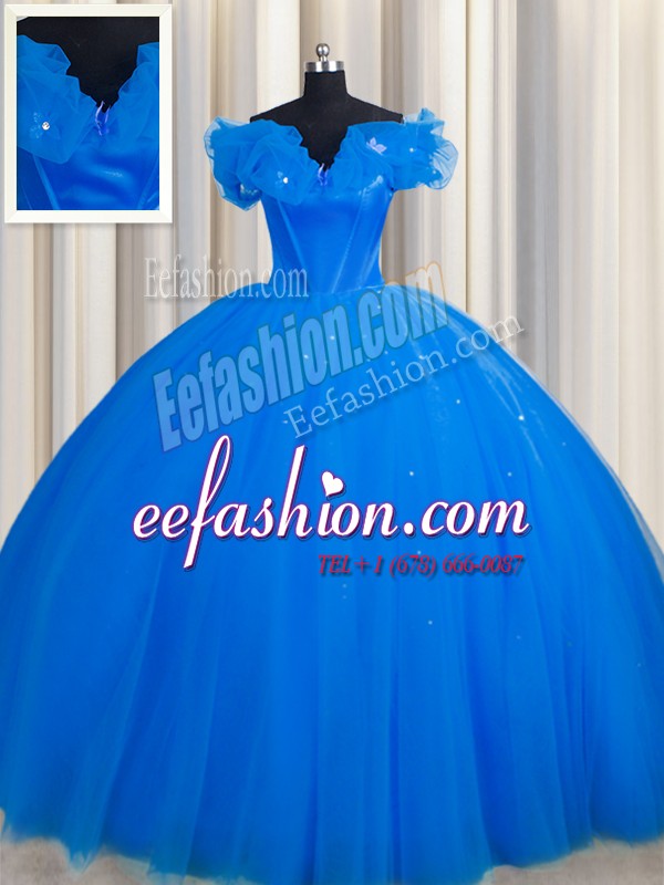 Excellent Off The Shoulder Ruching Quinceanera Gown Royal Blue Lace Up Short Sleeves With Train Court Train