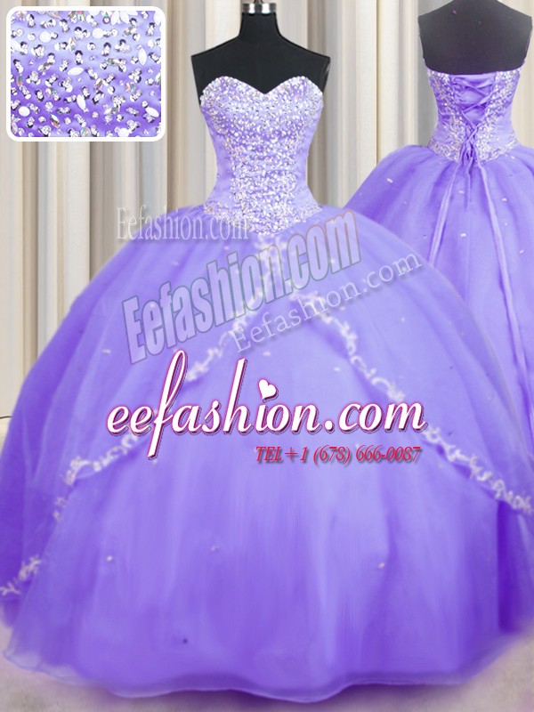  Lavender Sleeveless Brush Train Beading and Appliques With Train Quinceanera Gowns