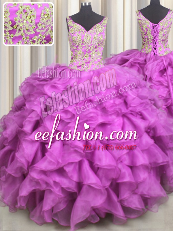  V Neck Sleeveless Beading and Ruffles Lace Up Quinceanera Dress