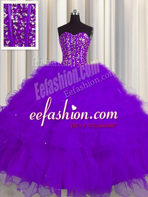  Visible Boning Sleeveless Lace Up Floor Length Beading and Ruffles and Sequins Sweet 16 Dress