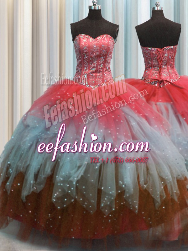 Fashion Visible Boning Sleeveless Beading and Ruffles and Sequins Lace Up Sweet 16 Dress